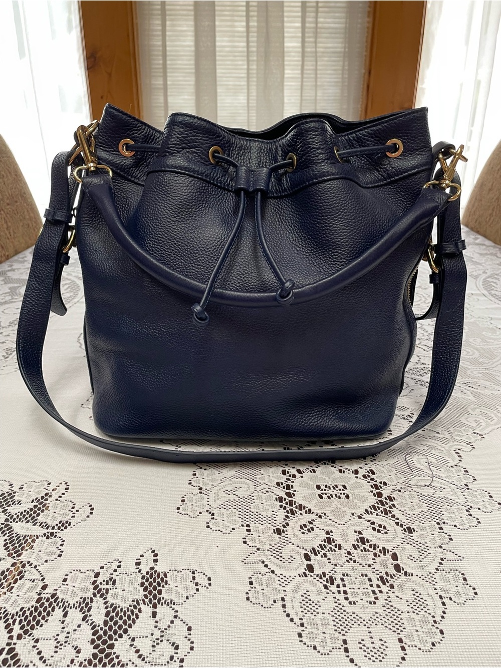 Navy Leather Ora Delphine Bucket Hobo Purse Pocketbook